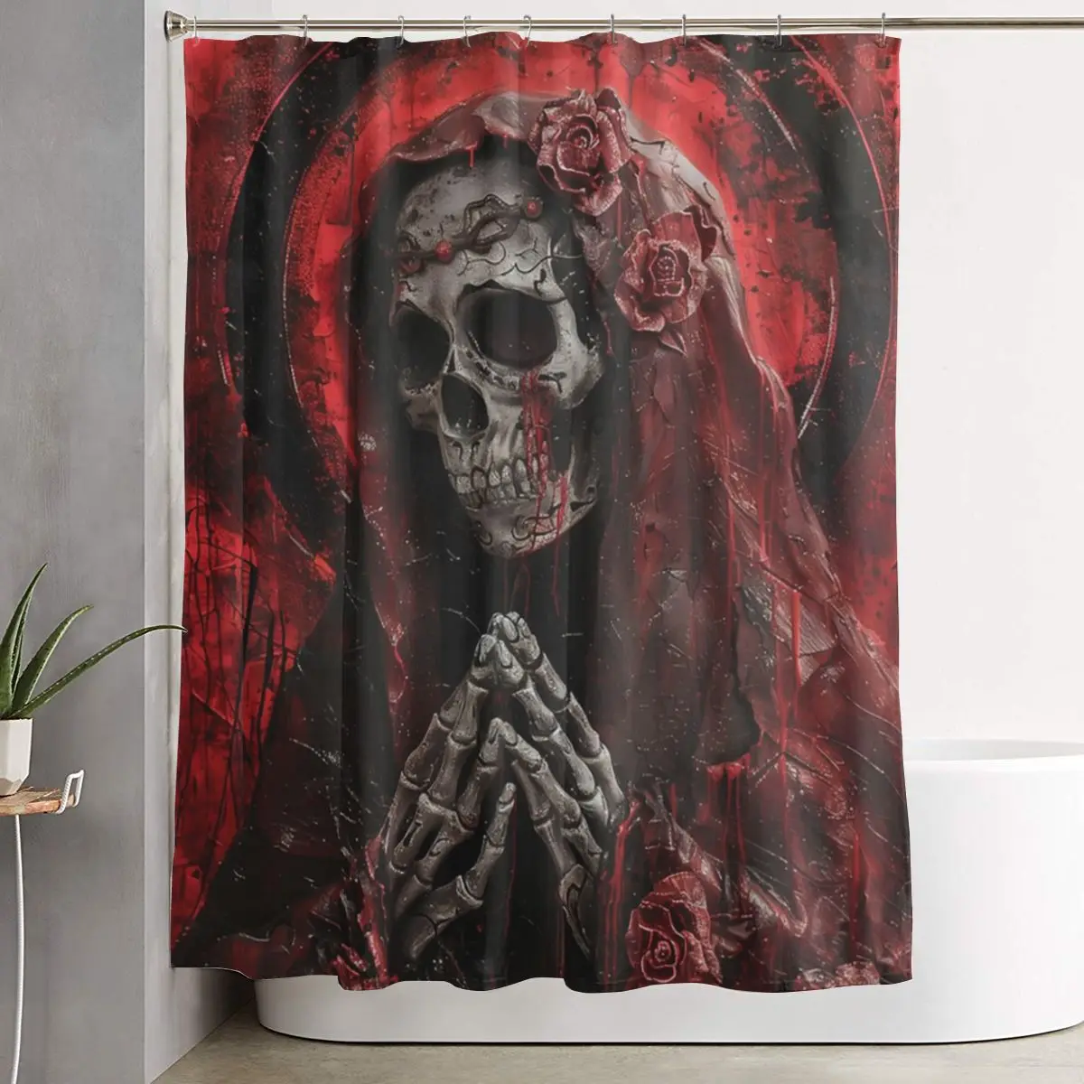 

Занавеска для душа с изображением Санта-Муэрте (Святой Смерти), готический мексиканский стиль, с черепами муртос, полиэстеровая, водонепроницаемая, с крючками