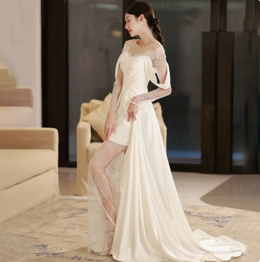 Long Sleeves Black Wedding Dress Custom Made Ruched A Line Shirred Straps Satin High Split Bridal Gown Illusion Off The Shoulder
