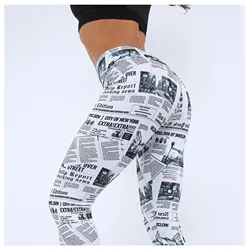 Newspaper Digital Printing Yoga Tight Ankle Length Slim Skinny Women Leggings Running Gym Fitness Pants