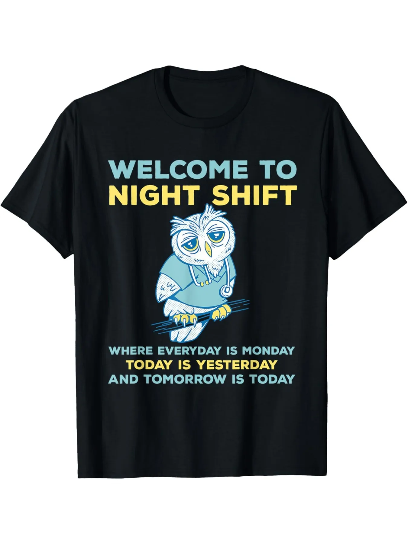 1pc Humorous Night Shift Owl Graphic T-Shirt - Cotton Crew Neck Casual Tee with 