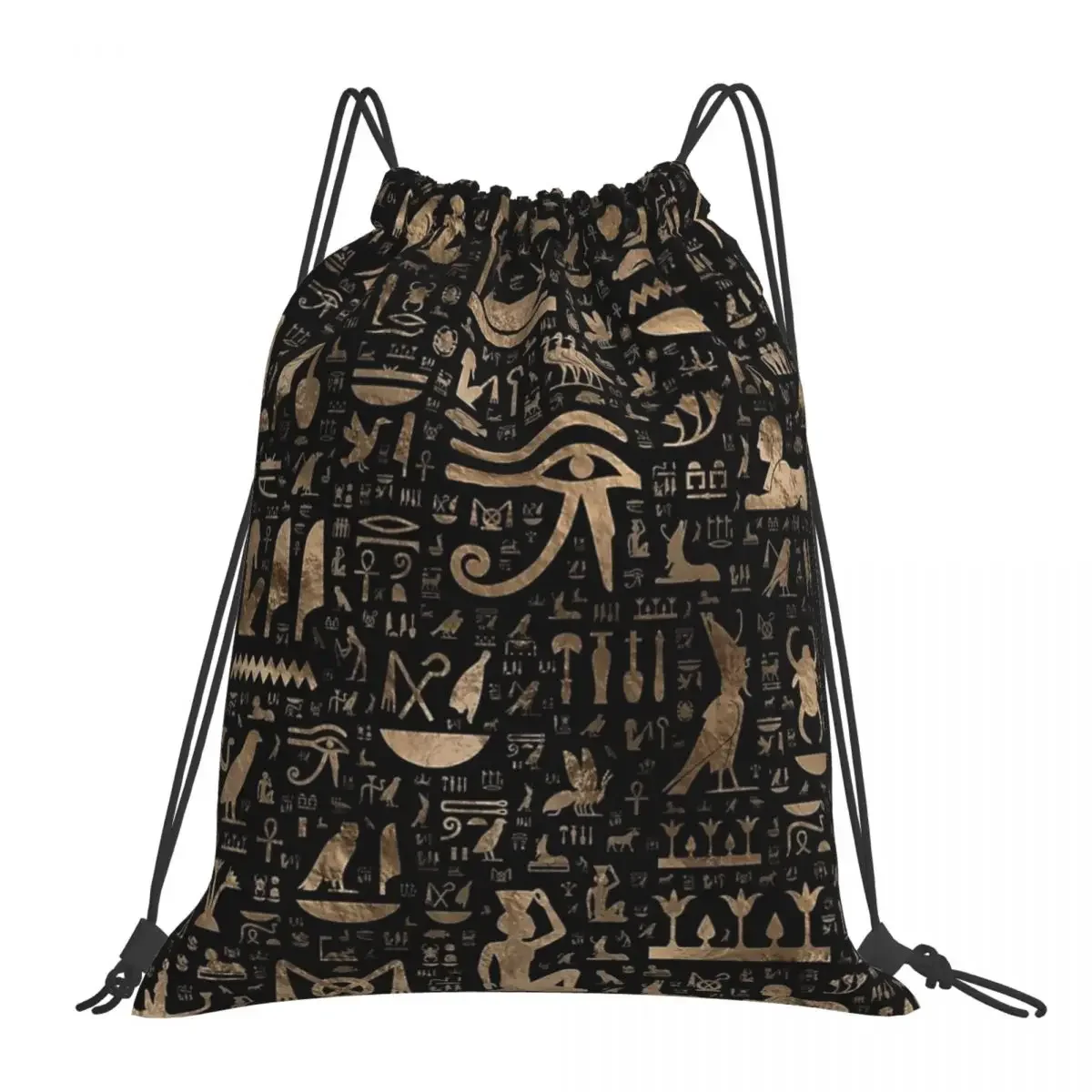 Ancient Egyptian Hieroglyphs - Black And Gold Backpack Portable Drawstring Bag Drawstring Bundle Pocket Sundries Bag Man Woman