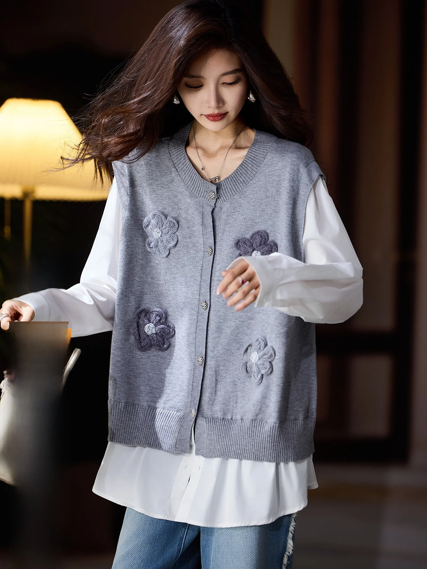 

Sli свободный женский вязаный свитер из двух предметов с цветочным принтом, осень 2021, новый большой свитер европейского размера, повседневный уличный свитер