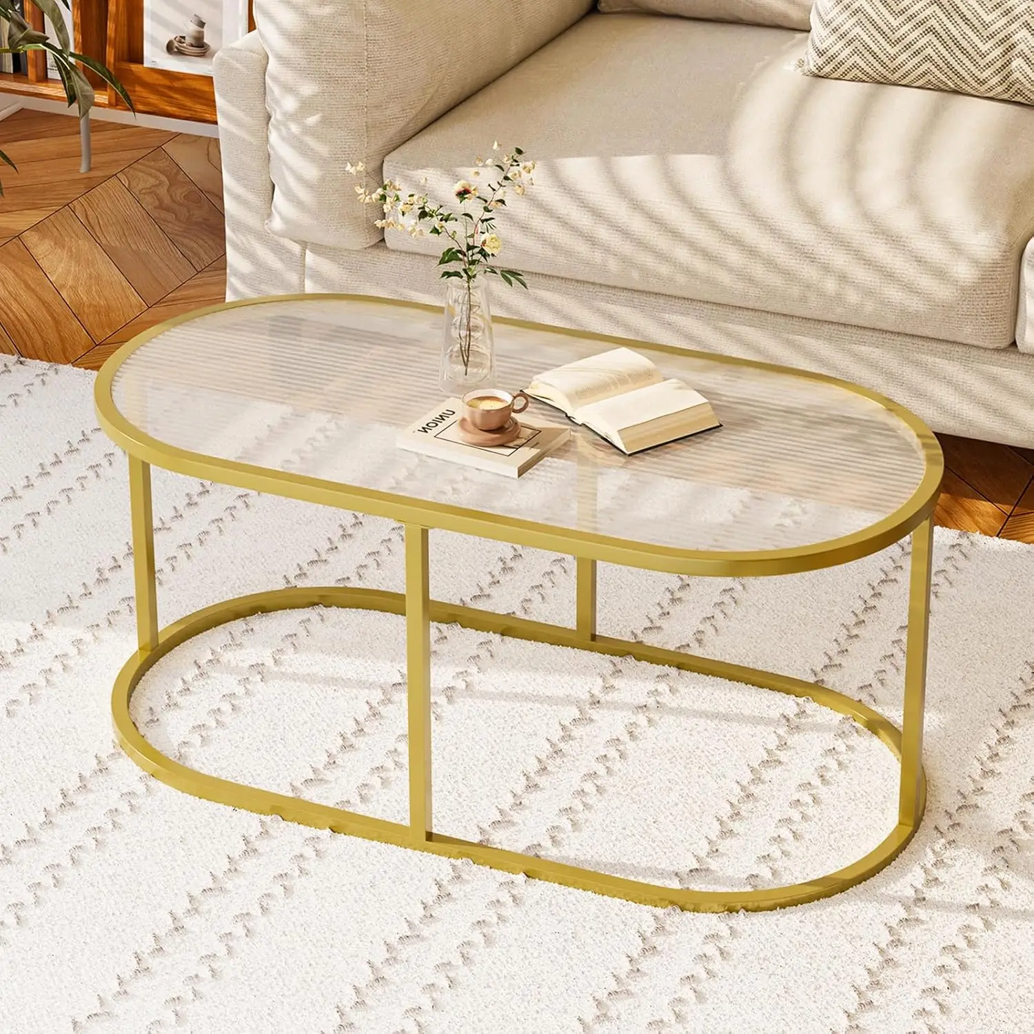 

Modern Oval Coffee Table with Gold Ribbed Glass Top and Sturdy Metal Frame for Living Room, Bedroom, or Home Office