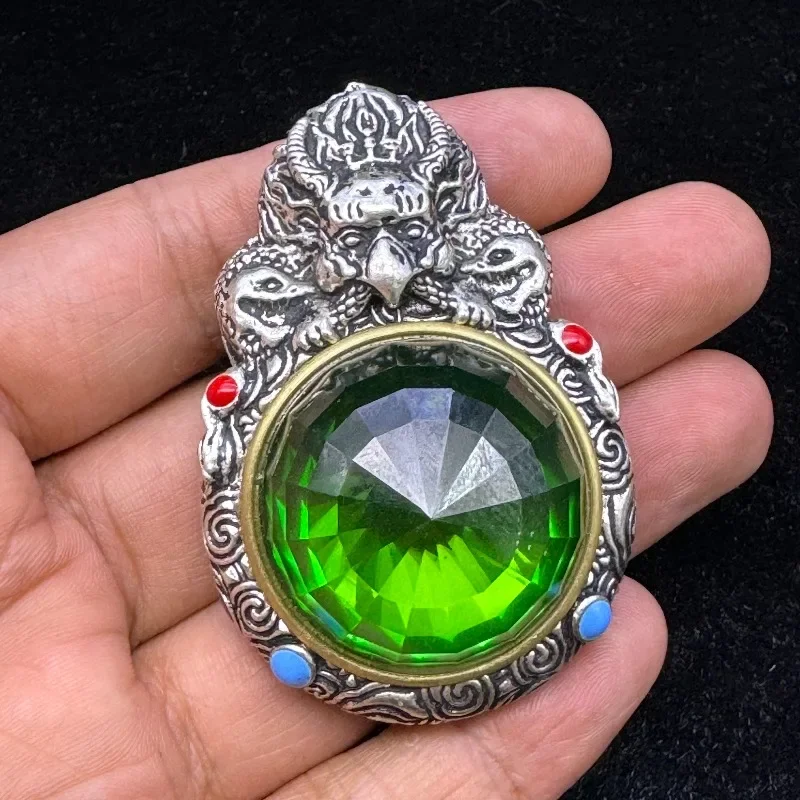 Vintage Houzed Lab Created Emerald Carved Pendant, Rotatable Back, Symbolizes Fortune Turnaround Fashion Necklace Jewelry