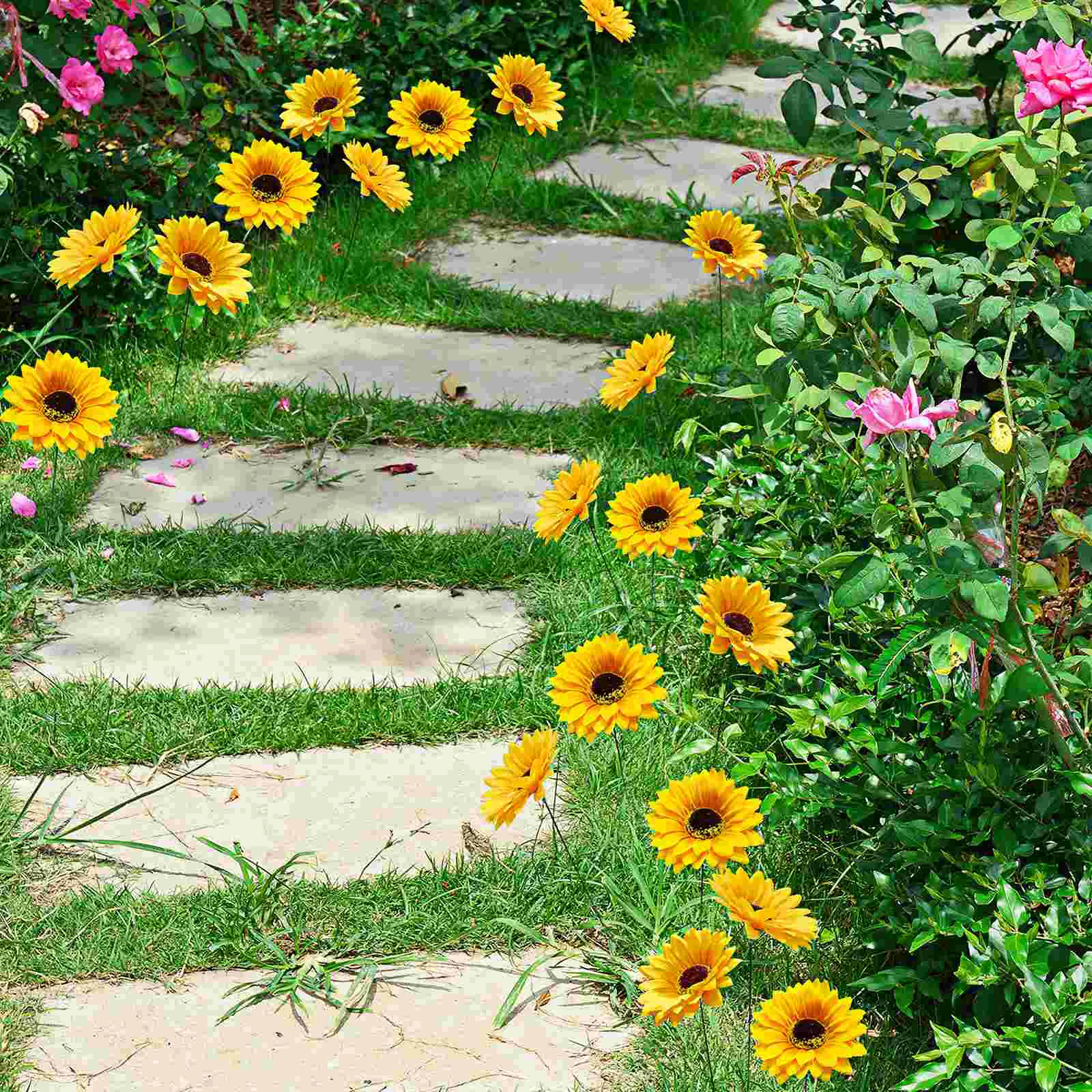 5 Pcs Metal Outdoor Garden Decorations Landscape Courtyard Villa Simulation Sunflower Lawn Pole 5pcs Pots Stakes Silk Cloth