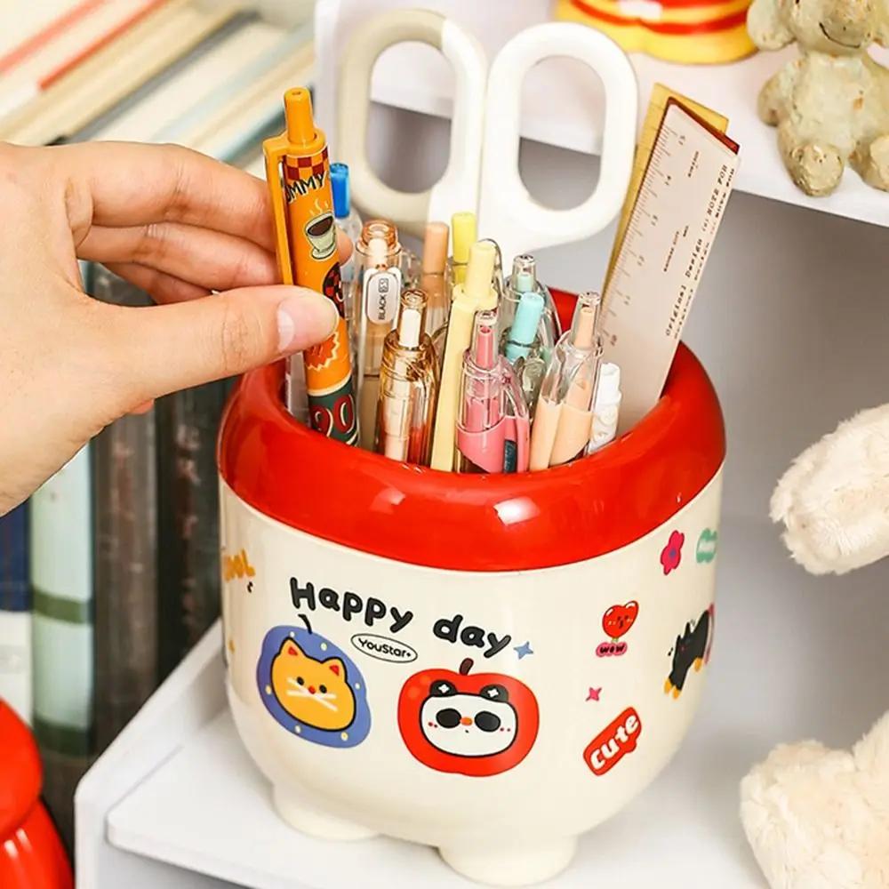 New Multi Grid Penholder Large Capacity Cartoon Pattern Table Storage Box with Stickers Stationery Box