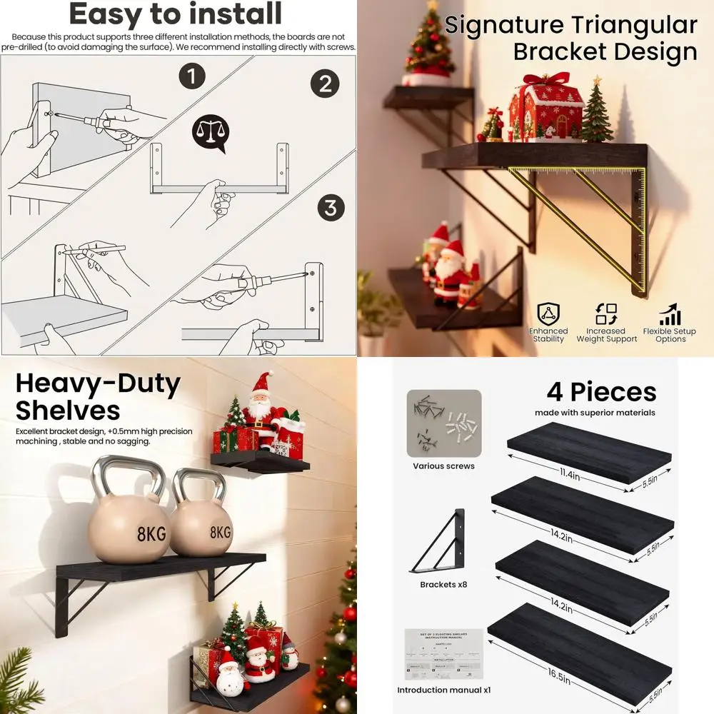 

Space-Saving Wood Wall Shelves - Black Set of 4 for Books & Decor
