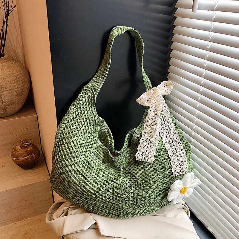 

Handmade Crochet Underarm Bag Summer Knitting Women's Shoulder Bag Large Capacity Hollow Out Weaving Beach Bag Mesh Tote Handbag