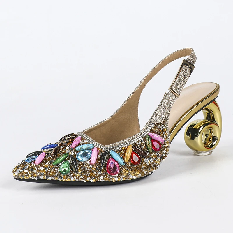Ladies' Summer New Rhinestone High-heeled Sandals Fashion Pointed Back Strap Sandals Versatile Crystal Decorative Spiral Sandals