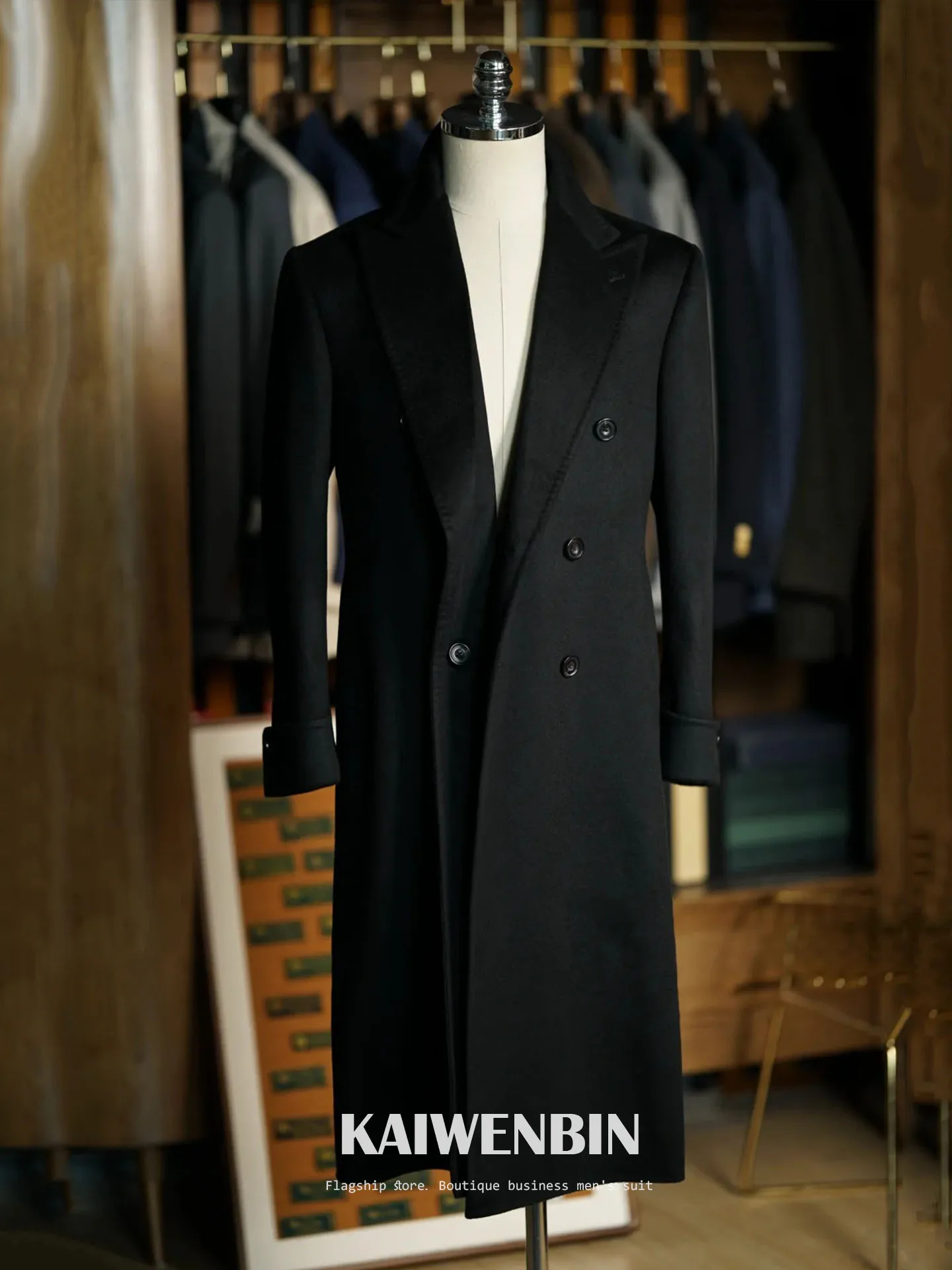 Men's Overcoat Black Wool Double Breasted Polo Coat High Quality Warm Business Casual Custom