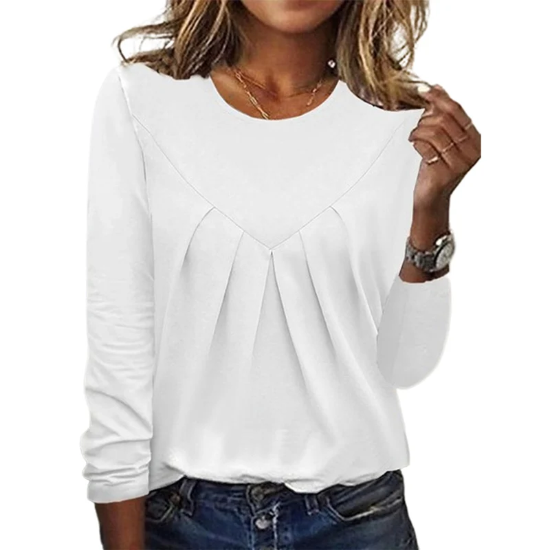 

Women's Simple Style Long Sleeve T-Shirt Autumn Winter Round Neck Pullover Pleated Top Ladies Elegant Commuter Solid Color Tees