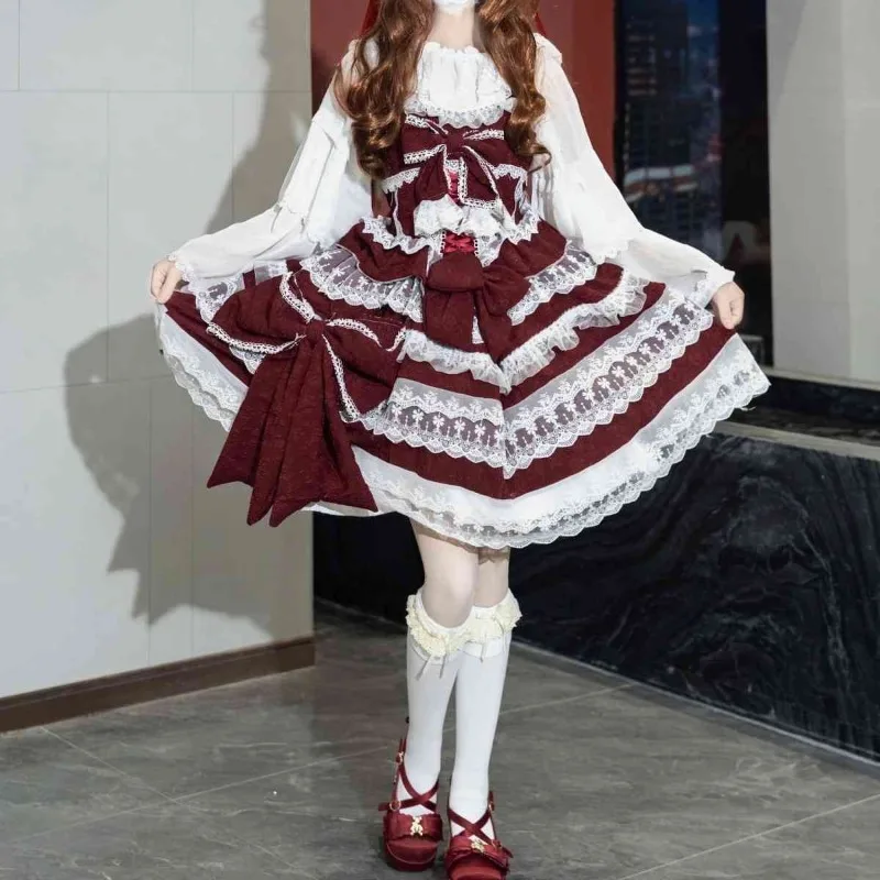 

Sweet Lolita Dress Kawaii Cute Lace Bows Jsk Cake Dresses White Long Sleeve Shirts Japanese Elegant Princess Dress for Women