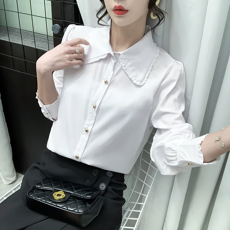 

Elegant Women Shirts Woman White Shirt Long Sleeve Blouse Office Lady business Shirts Button Solid Women work Blouses Top NS5961