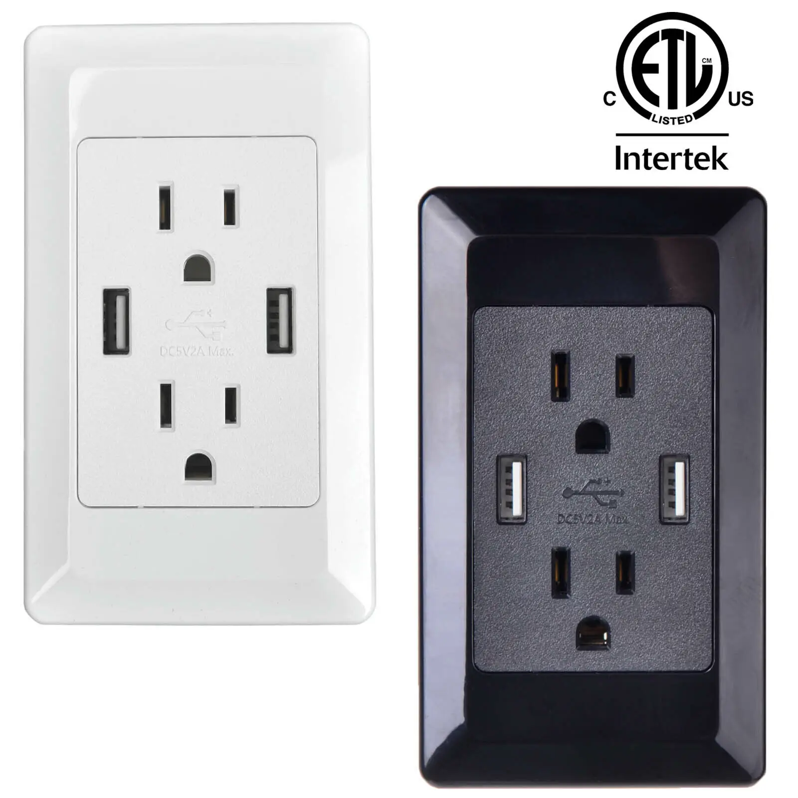 

Duplex USB Electric Adapter Receptacle 15Amp Wall Socket Power Charger Outlet ETL Listed Home AC Plug White/Black Panel Plate