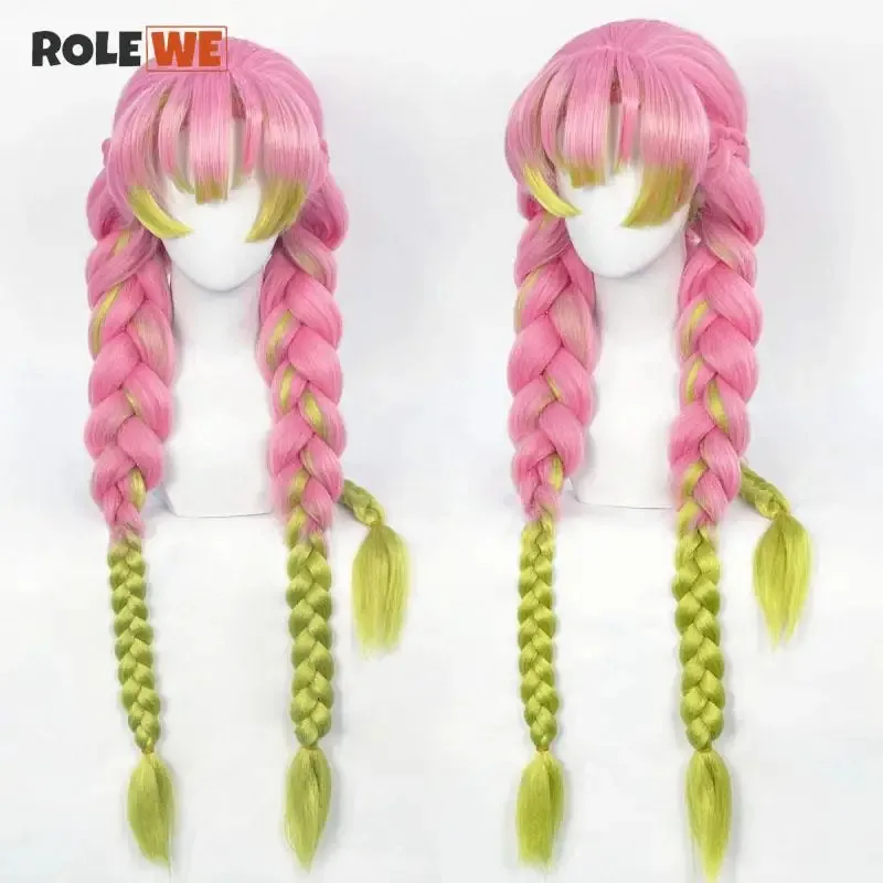 

Высокое качество Kanroji Mitsuri косплей парик аниме длинные зеленые розовые термостойкие синтетические волосы парики для Хэллоуина + шапочка для парика