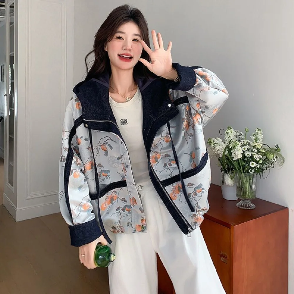 

French Retro Printed Hooded Jacket Women Spring Autumn New Niche Design Casual Short Long-Sleeved Jacket