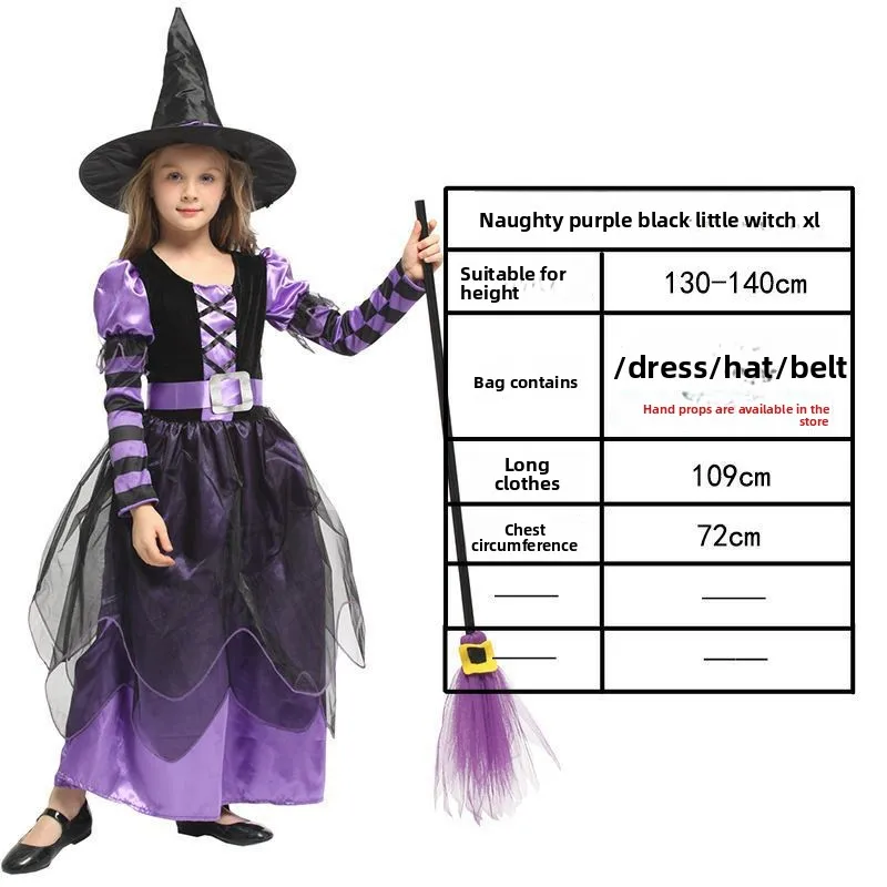 Halloween criança bruxa princesa traje com chapéu masquerade bruxa desempenho traje escola drama trajes