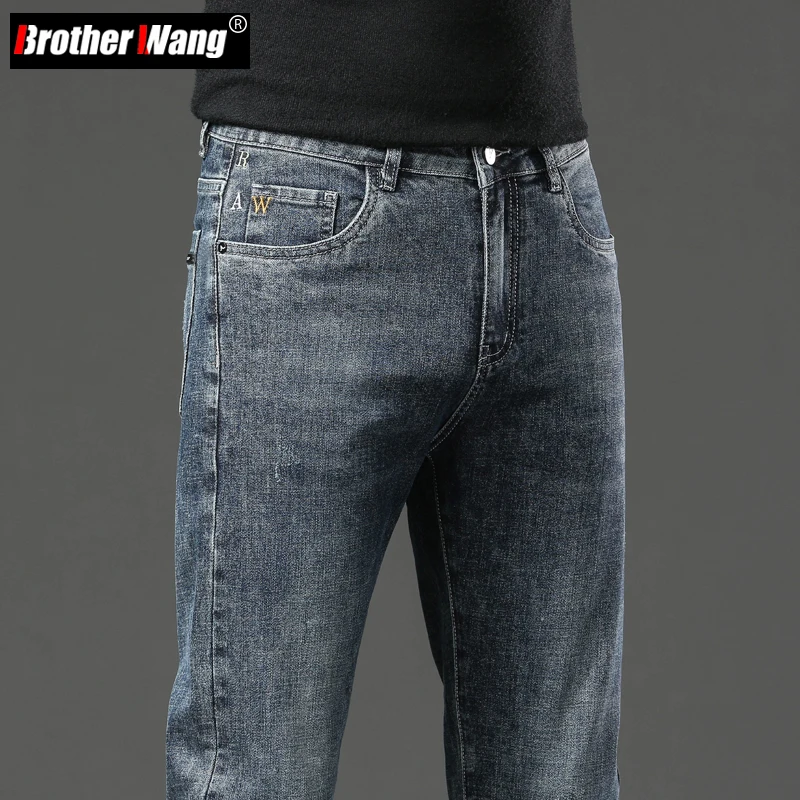 2023 Autumn Men's Slim Straight Jeans Business Casual Fashion Scratch Embroidery Design Brand Cotton Stretch Denim Pants