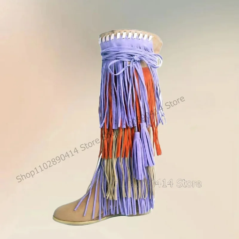 

Colorful Tassels Decor Beige Flock Round Toe Boots Slip On Women Shoes Wedges Heel Novel Fashion Party 2024 Zapatos Para Mujere