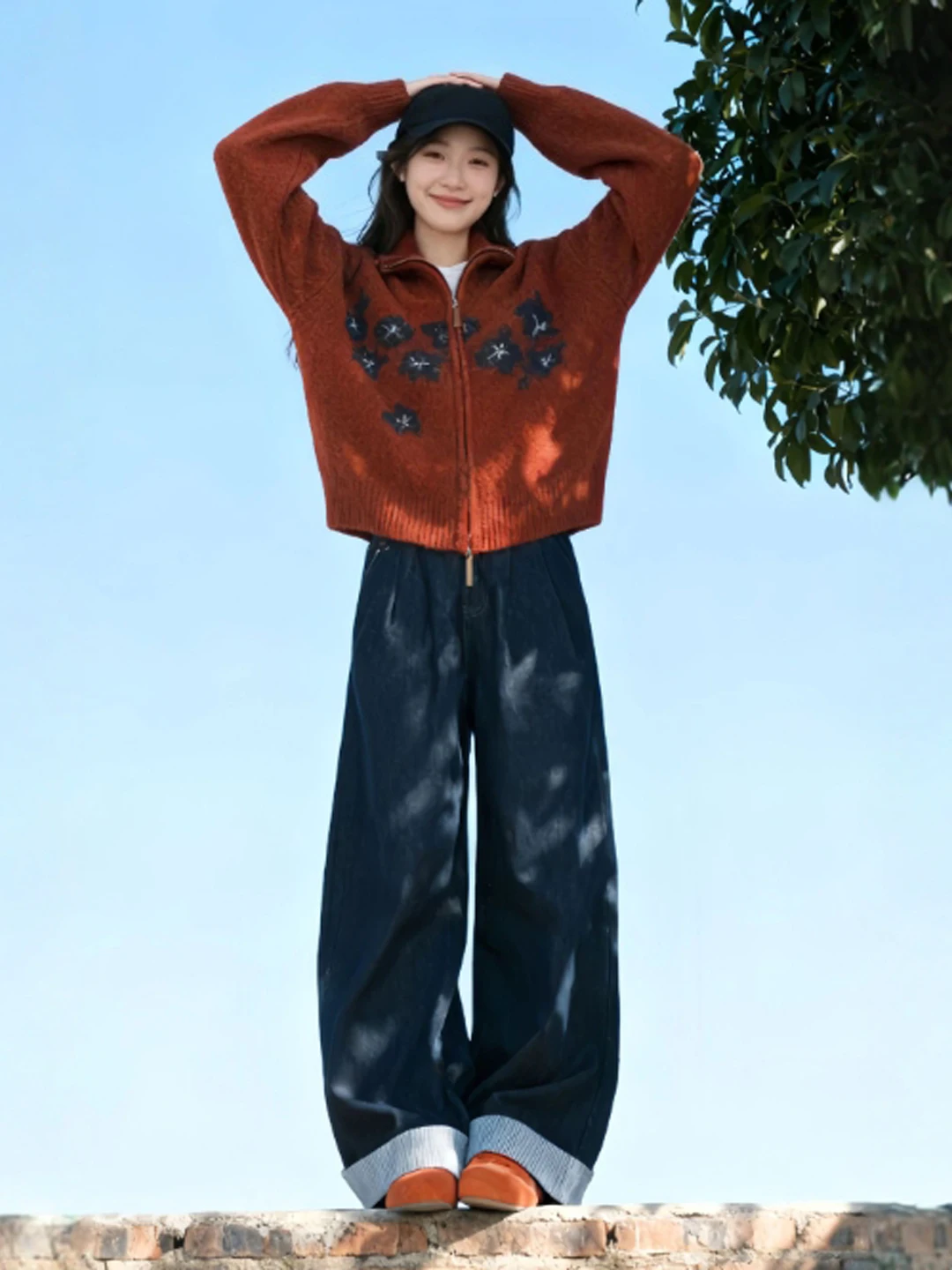 

Вязаный свитер в стиле ретро с высокой талией, широкие брюки, комплект из двух предметов, молодежный зимний модный повседневный удобный хлопковый свитер