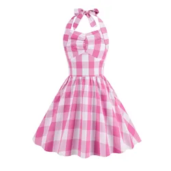 Vintage Kids Girl Plaid Swing Dress Elegant Summer Sleeveless Halter 50s Vestidos Midi Swing Pink Carnival Party For Child 3-10Y