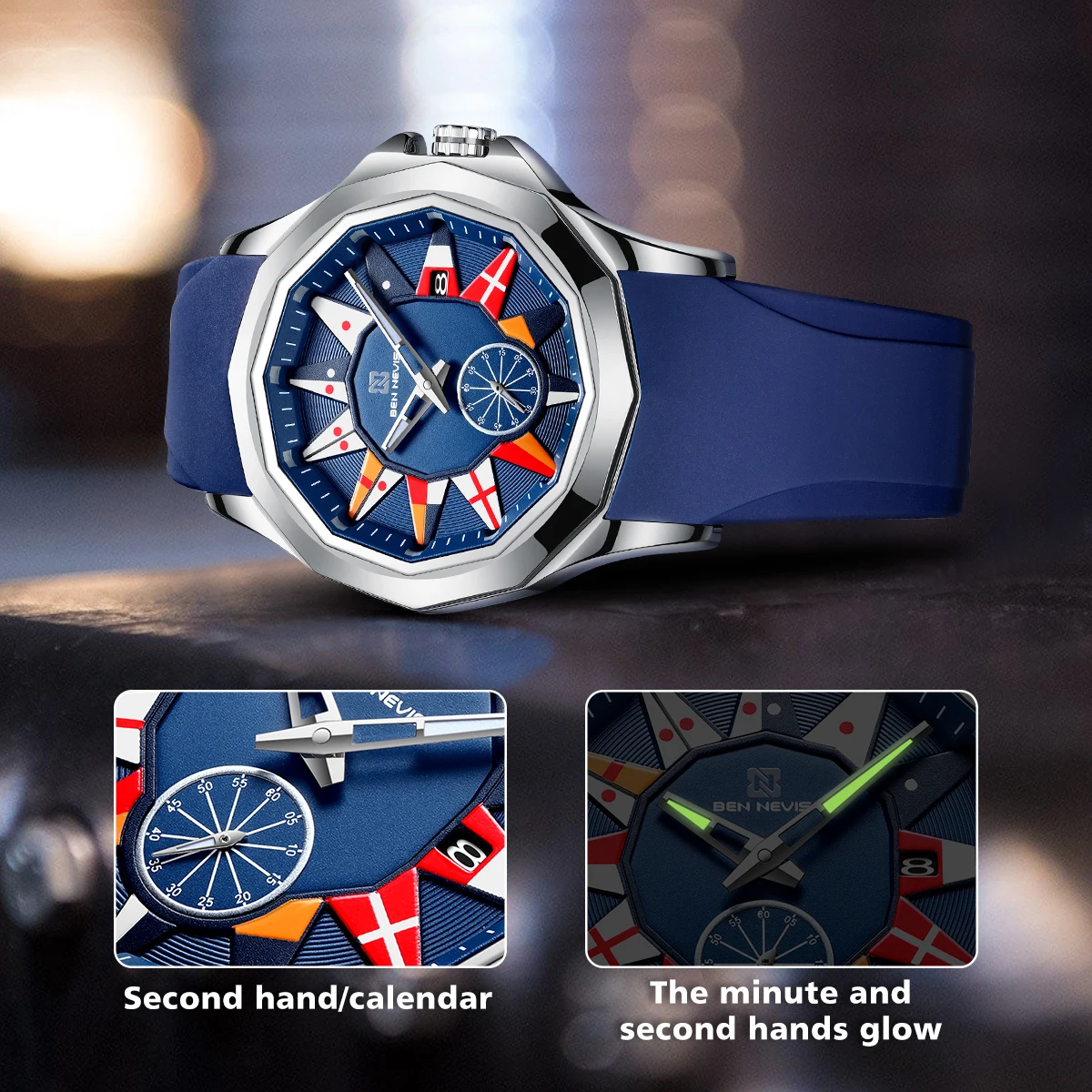 BEN NEVIS Luxury Watch Business Waterproof Male Clock Luminous Date Silicone Strap Quartz Men Watch Male Wristwatch BN3020G