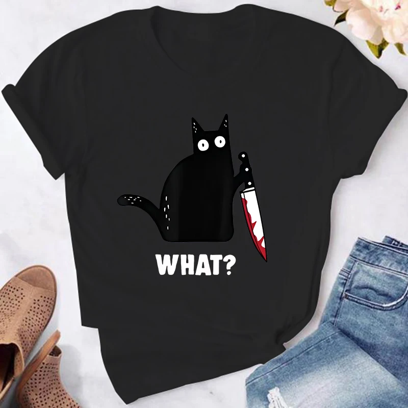 2026 Cat What T Shirt Murderous Cat With Knife Funny Unisex T Shirt Halloween Shirt For Men Women