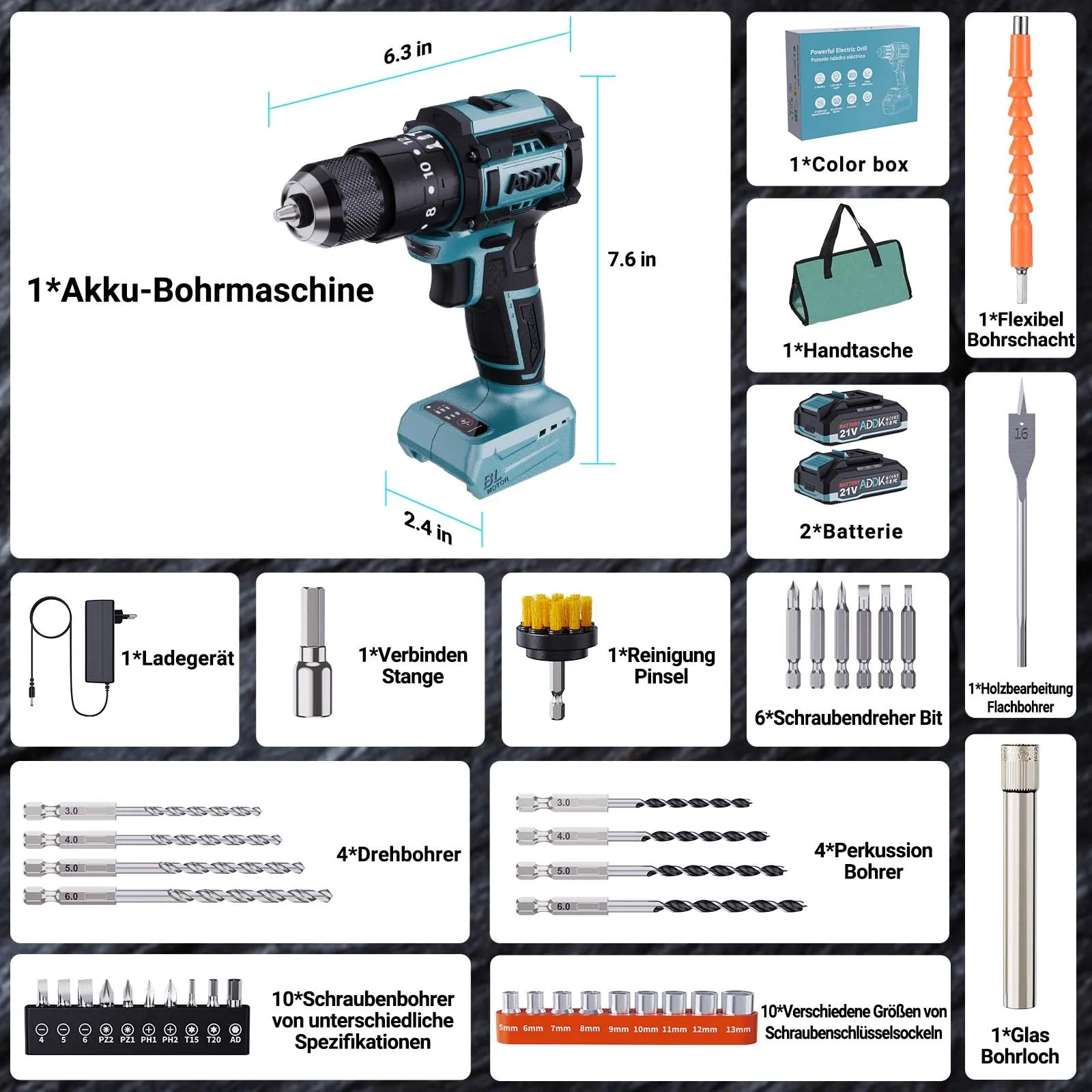 21V Cordless Drill,Brushless,40pcs Accessories,65 Nm Max Screwdriver,3Speed Gear,2 Battery,24+1 Torque Level for Garden Home DIY