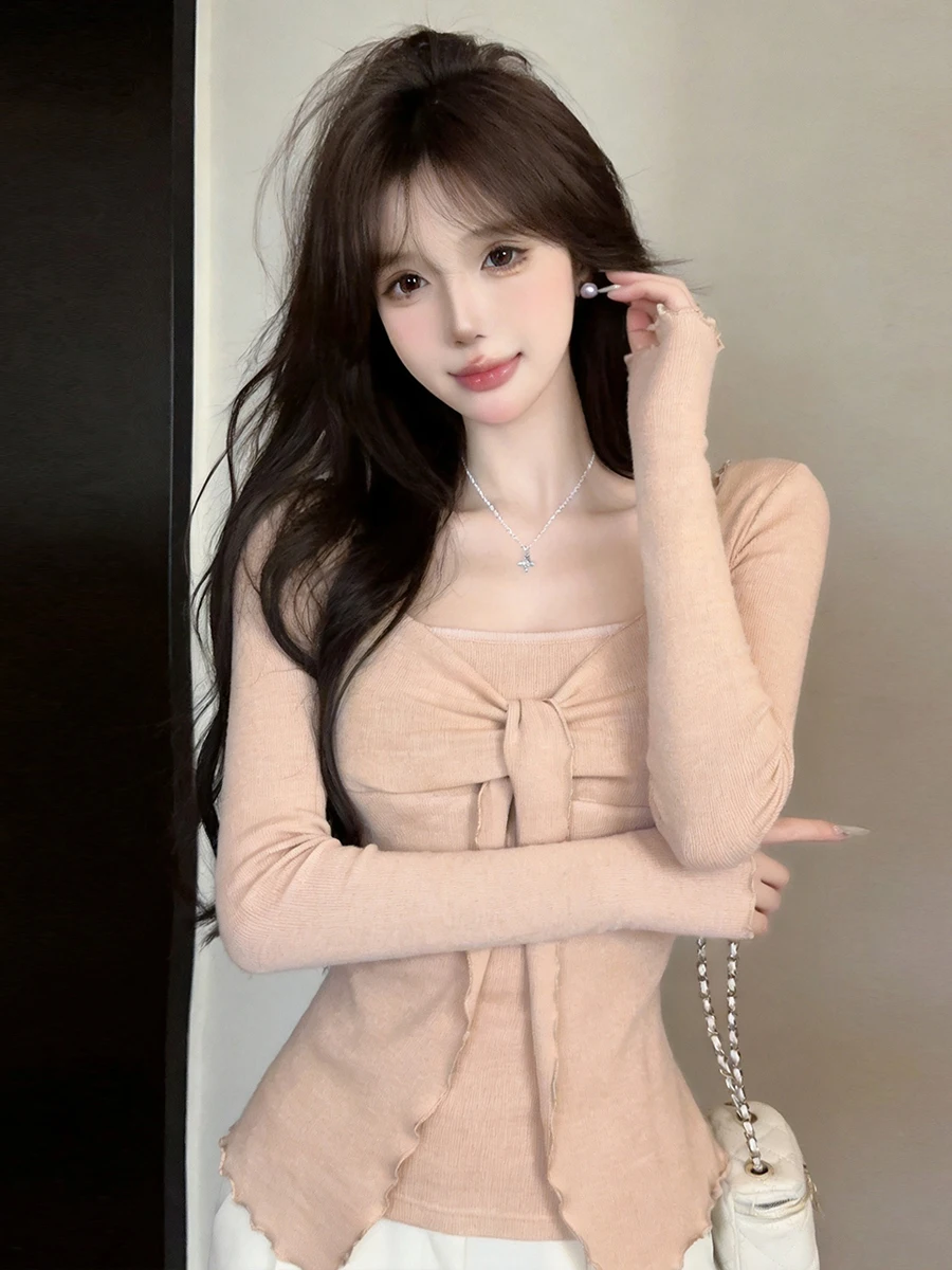 Early Autumn Pure Desire Knot Tied Fake Two-Piece Slim Long Sleeve Bottoming Top Small Audience Design Sensation Shoulder