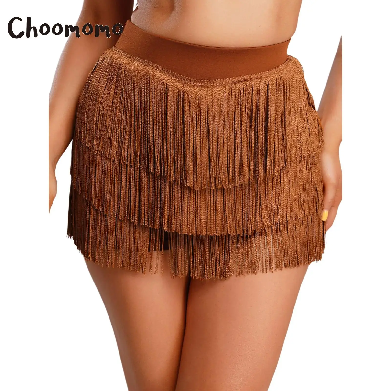 

Womens Latin Dance Skirt Built-in Shorts Elastic High Waist Tiered Tassel Skirt Chacha Tango Samba Balls Fringe Dance Costume