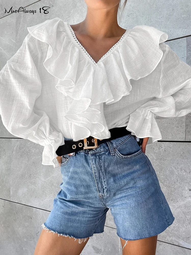 Mnealways18 Drop Shoulder Lace Cotton Linen Shirts Women White V-Neck Laminated Flounces Loose Blouses And Tops Vacation Ladies