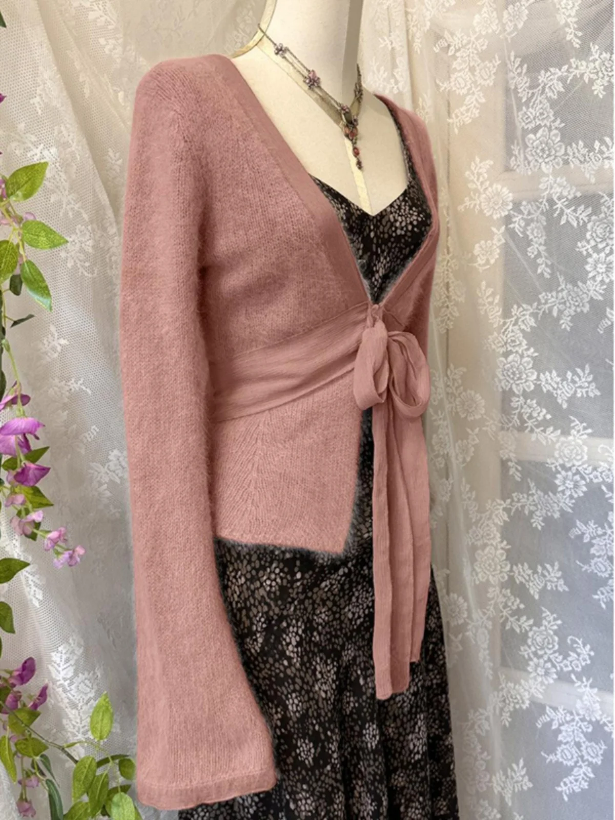 

Original Pink Soft Knitted Belted Cardigan Jaet Women's Autumn Winter New Sle Layered Top Faion Set Casual Sle V-Ne...