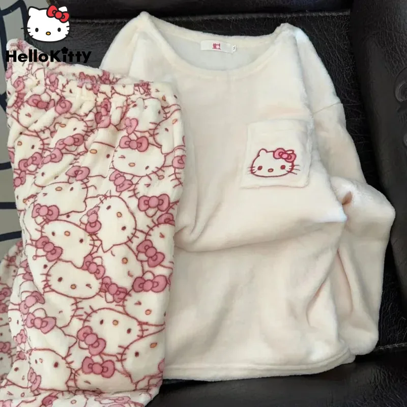 New Sanrio Hello Kitty Pajama Sets Women Winter Warm Plush Cute Sleepwear Print Pajama Cartoon Home Clothes Valentine's Day Gift