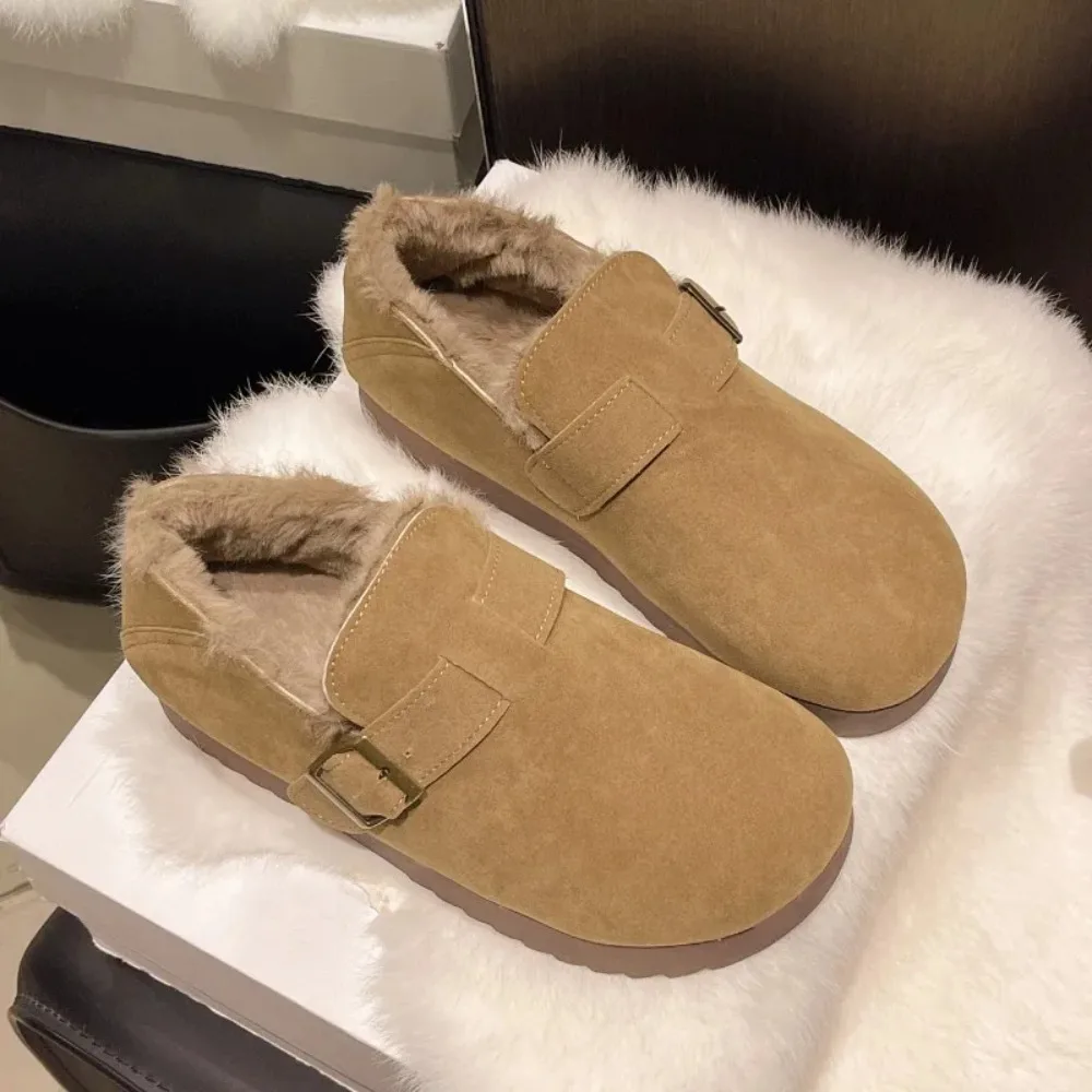 

Women's 2026 Winter Retro Designer Cotton Shoes Metal Buckle Slip-On Loafers Furry Warm Thick-soled Outdoor Non-slip Mules
