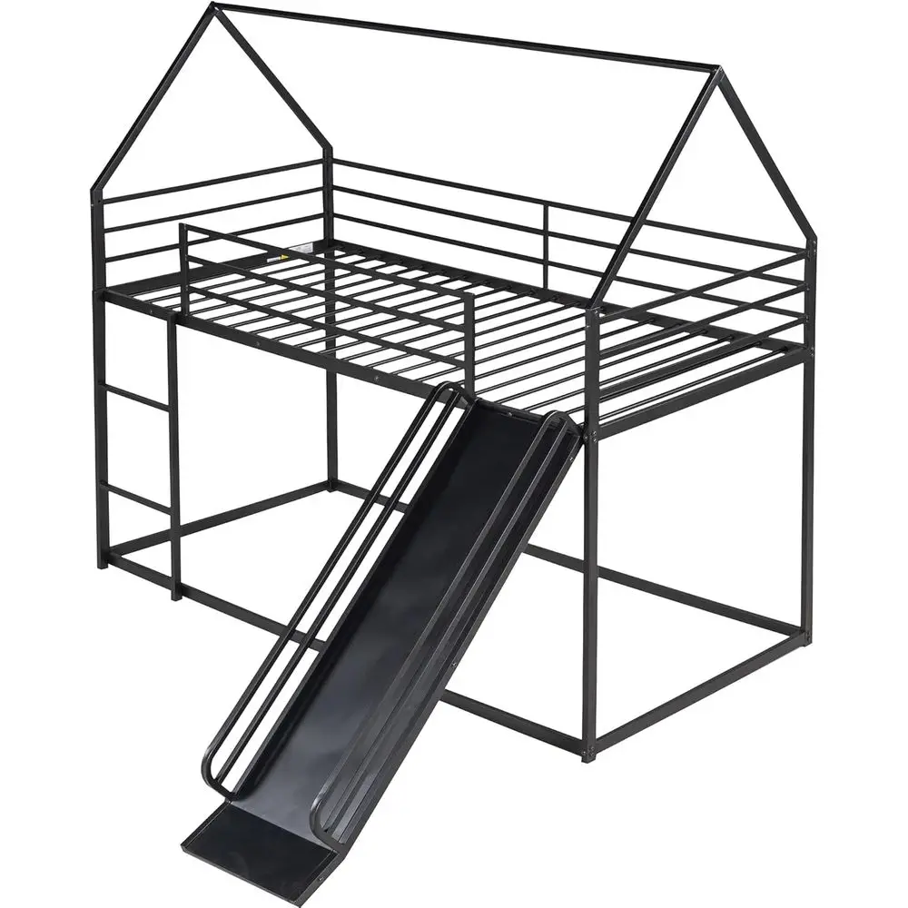سرير بطابقين للأطفال مع منزلق، تصميم مزدوج للتوأم، سرير علوي معدني صغير، سرير آمن بطابقين للأطفال الصغار مع حاجز حماية، قابل للتحويل #5
