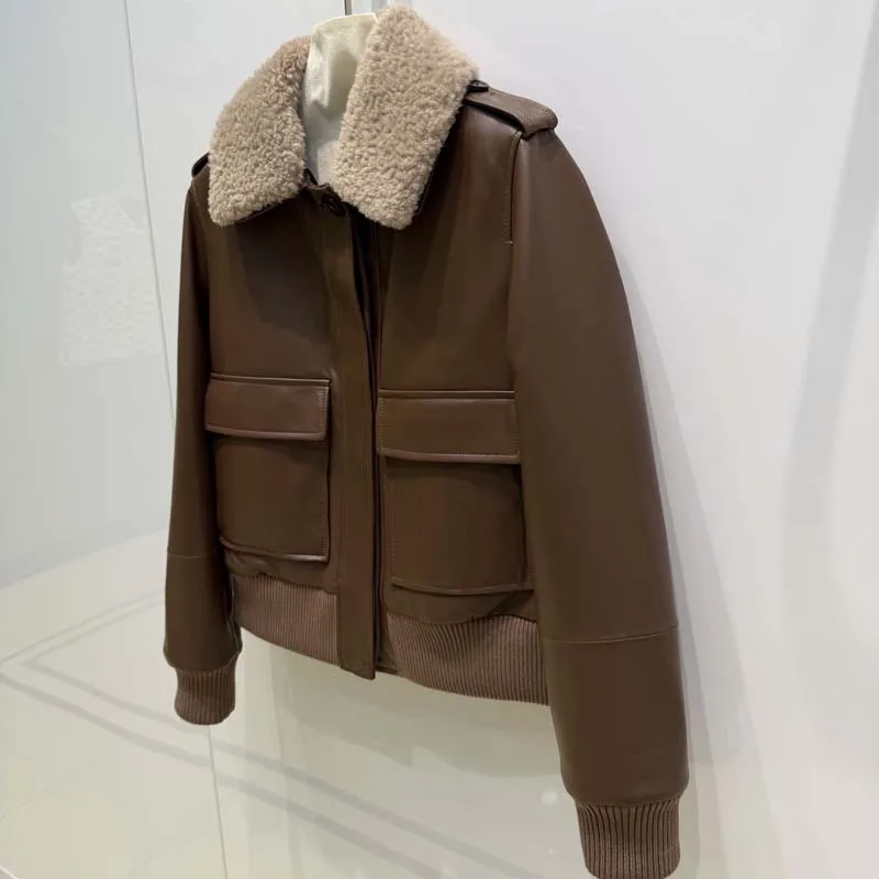 new fashion genuine leather jacket with real wool collar short length big pockets Inner lining with cotton thick warm