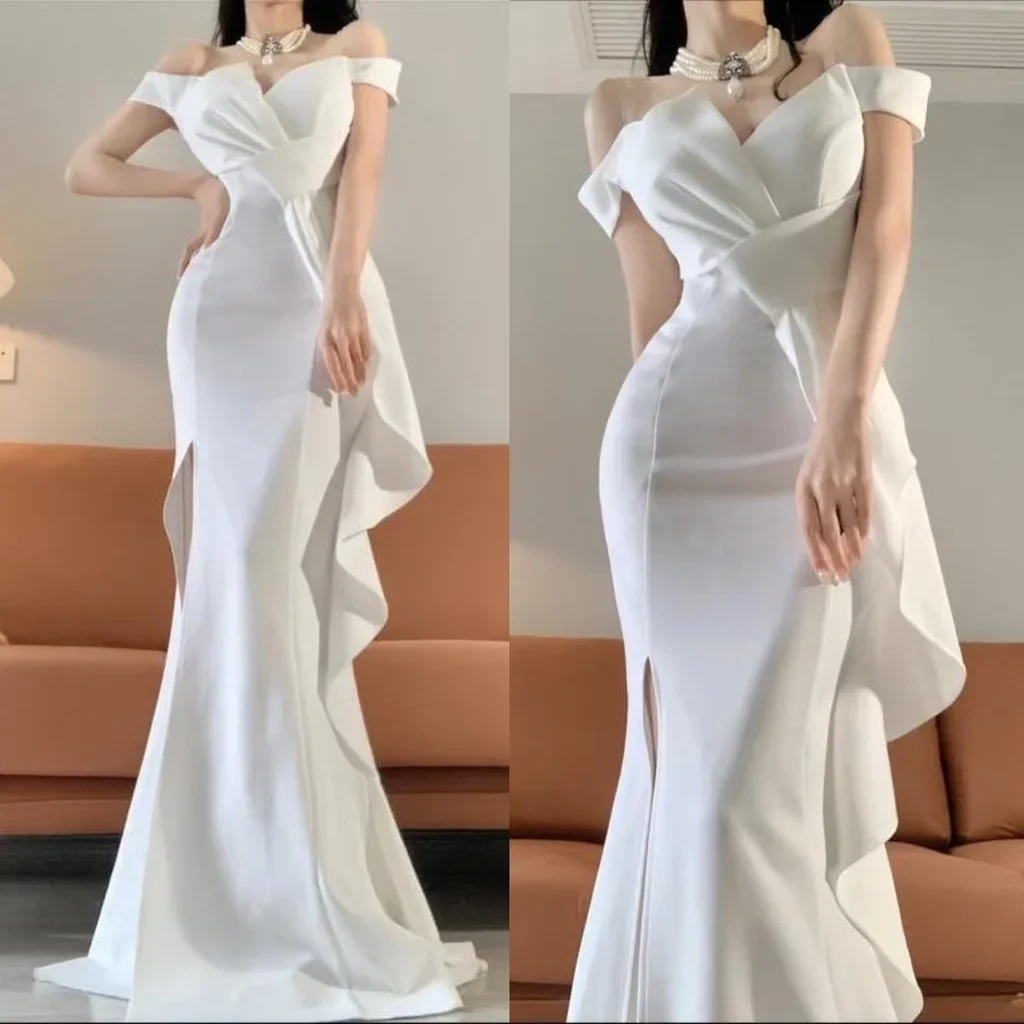 

Hawlife Korean White Maxi Civil Wedding Evening Cocktail Long Dress Gown 011