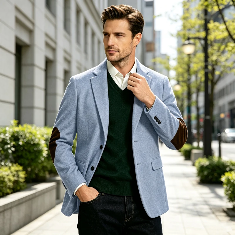 Men Wool Blend Blazer Notched Lapel Suede Elbow Patches 2 Button Jacket Casual Business Sport Coat for Autumn Winter Daily Wear