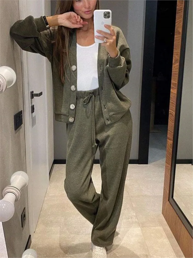 Elegant Women Solid Two Piece Sets Fashion New Autumn Single Breasted Cardigans Straight Pants Set Casual Outfits Streetwear