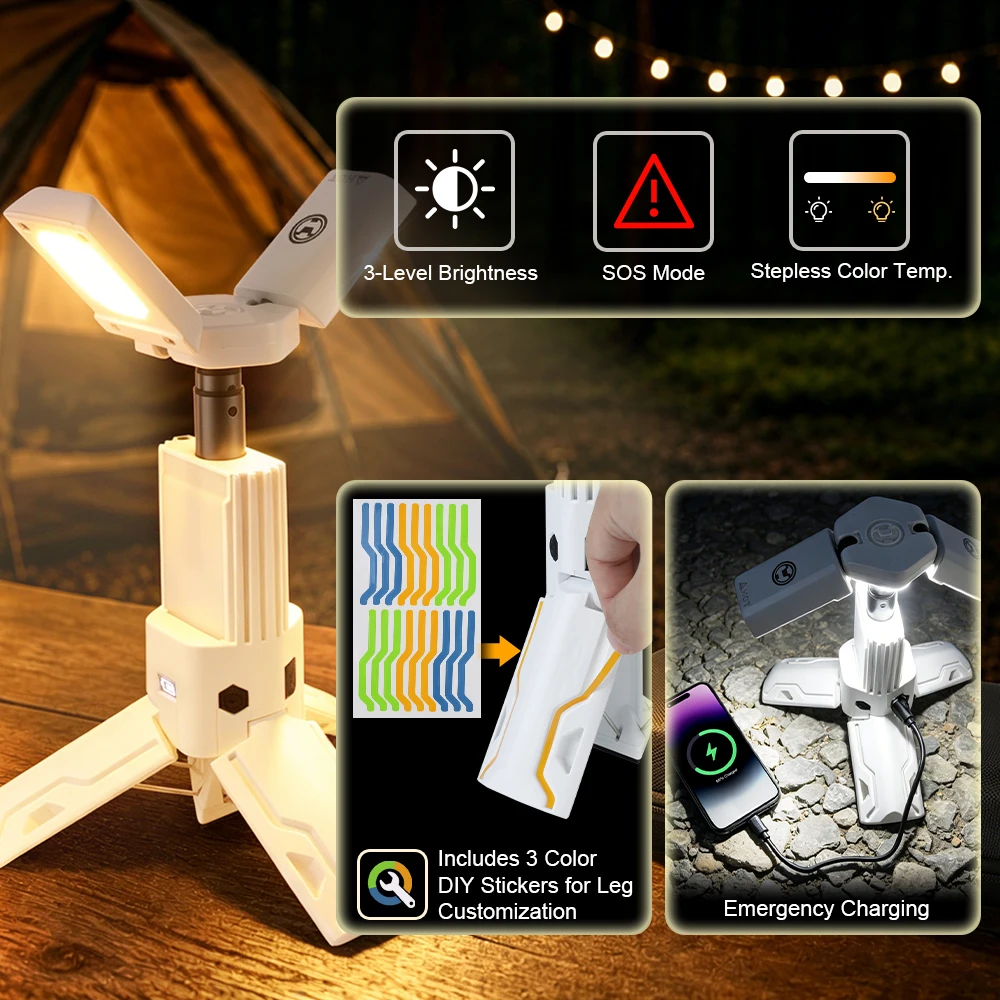 OVOVS Portable LED Camping Lantern 180 Rotatable Head Tripod Anti Flicker Light Battery Display For Camping Daily Use