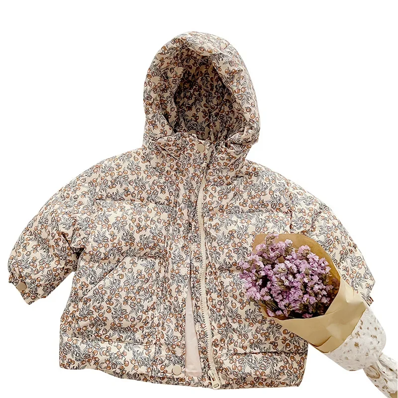 الأطفال الشتاء بطة أسفل السترات الأزهار طباعة مقنعين رشاقته معطف دافئ لمدة 4-6 سنوات الفتيان والفتيات بيبي موضة ملابس الاطفال