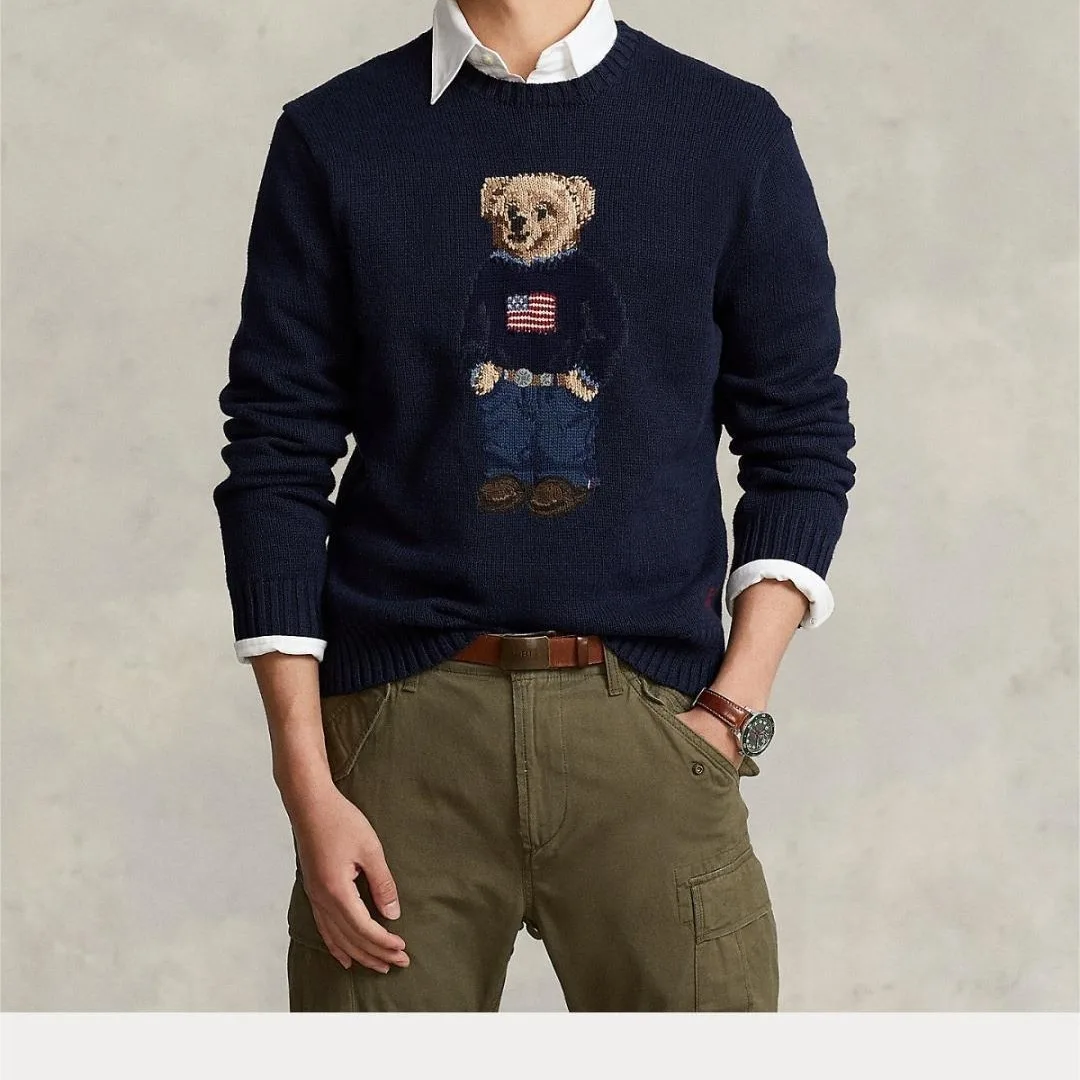 Embroidered Bear Men's Knitted Sweater Pullover 2025 New Autumn/winter Rl Top Coat Luxury Designer High Quality Wool Pullover