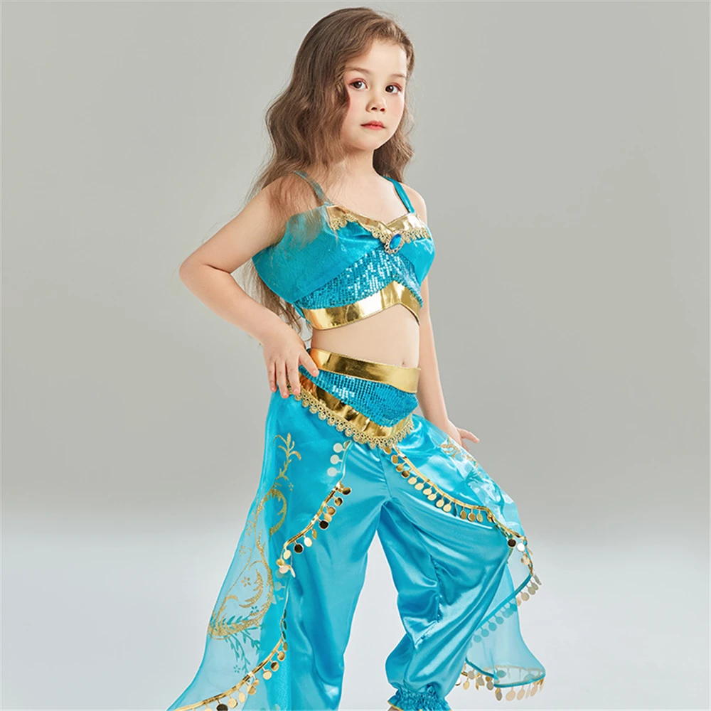 Aladdin Prinses Jasmijn Cosplay Kostuum Arabische Dansvoorstelling Jurken Magische Lamp Meisje Carnaval Jurk Up Islamitische Kleding Set