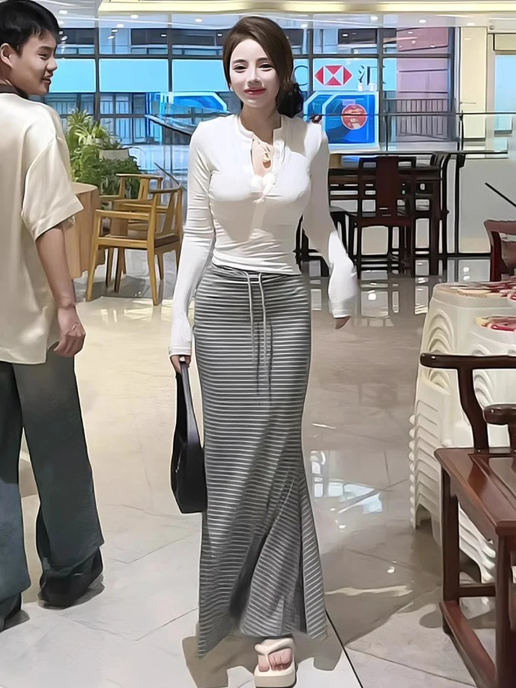 

High Waist Striped Bodycon Skirt Women Sexy Summer New Sle Breathable Skin-Friendly Fi Tail Long Skirt Slimming