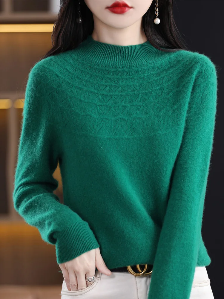 

Yoyoselect 100% Women's Merino Wool Hollow Out Pollover Mock Neck Sweater Autumn Winter Thickened Basic Knitwear Clothing