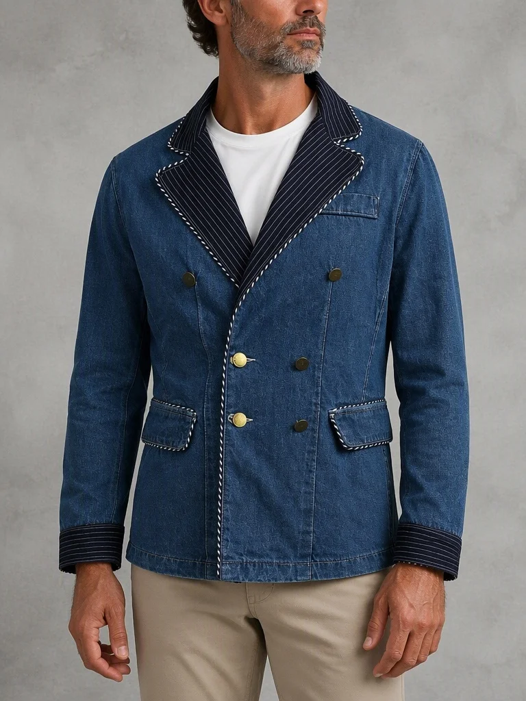 Men's Denim Blazer Striped Notch Lapel Contrast Stitching Double‑Breasted Slim Fit Long Sleeve Jacket for Office Party Business