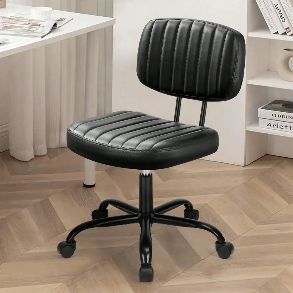 Sweetcrispy Small Armless Office Chair PU Leather Small Desk Chair Height Adjustable Stylish Vanity Chair With Wheels Computer C