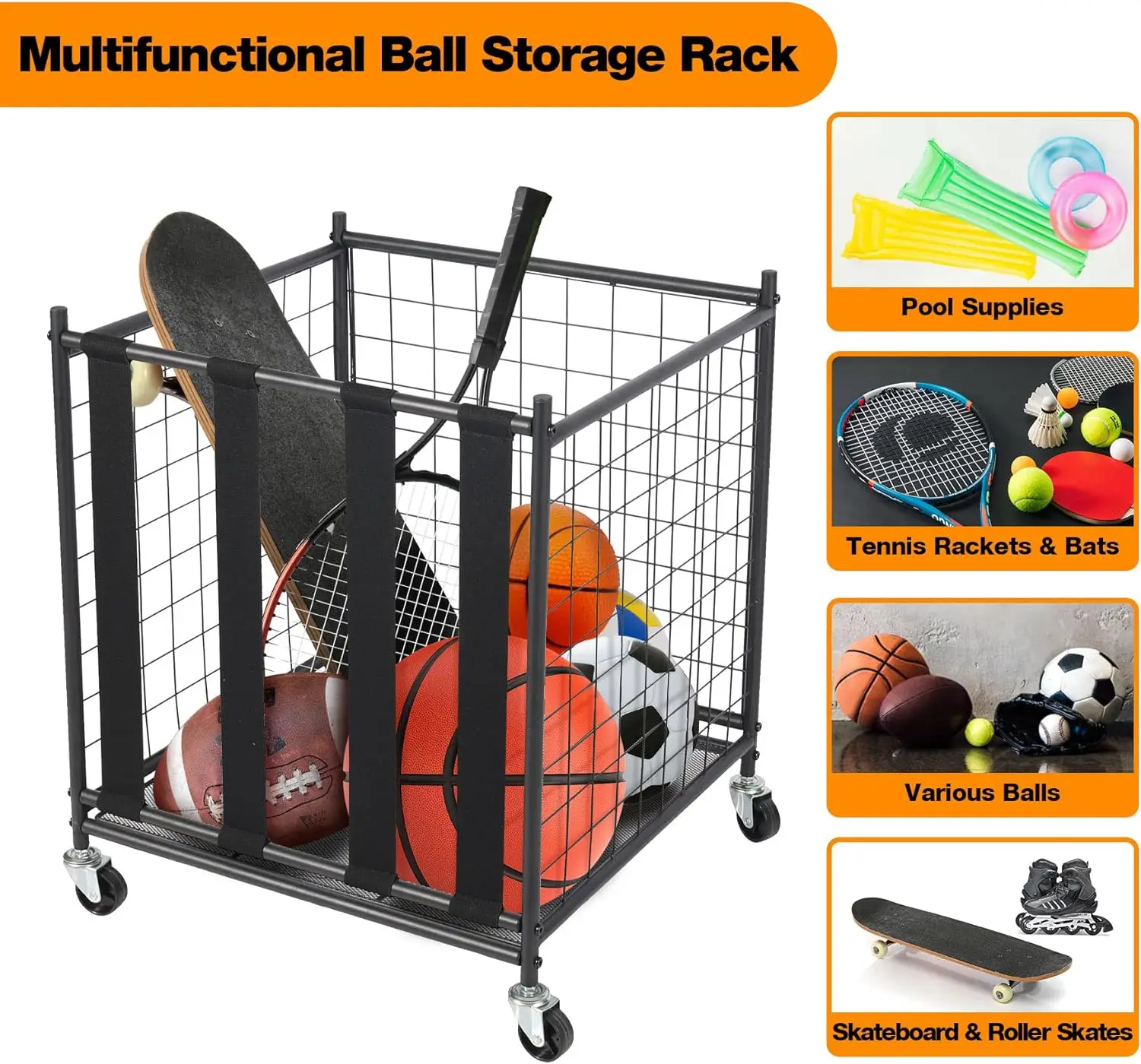 바퀴 달린 이동식 잠금 가능한 농구 케이지 스틸 수납 랙, 롤러가 있는 수납용품, 공, 장난감, 액세서리 보관용
