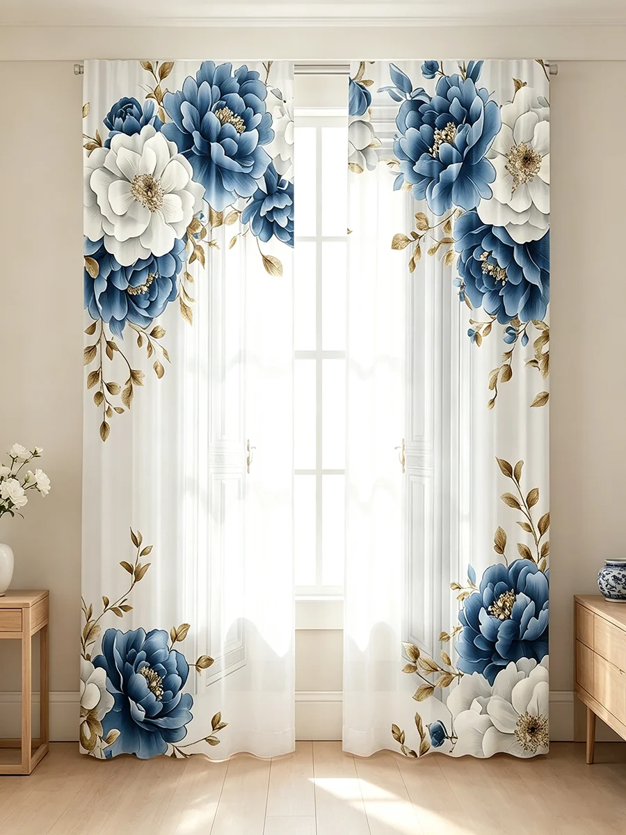 2PCS Digital Printed Curtains, 3D Fake Door Blue Peony Gold Leaf Pattern, Elegant Luxury Modern Style for Living Room Decor
