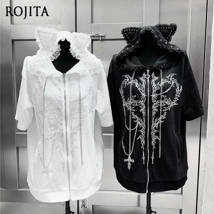 Gothic Cat Ear Hooded Short Sleeve Zip Up Jacket Subculture Black and White Printed Cat Ear Short Sleeve Hooded Zipper T-Shirt